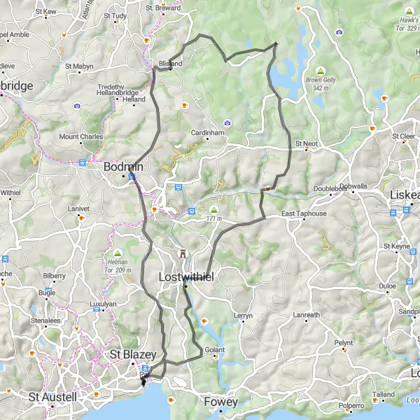 Map miniature of "The Lostwithiel Loop" cycling inspiration in Cornwall and Isles of Scilly, United Kingdom. Generated by Tarmacs.app cycling route planner