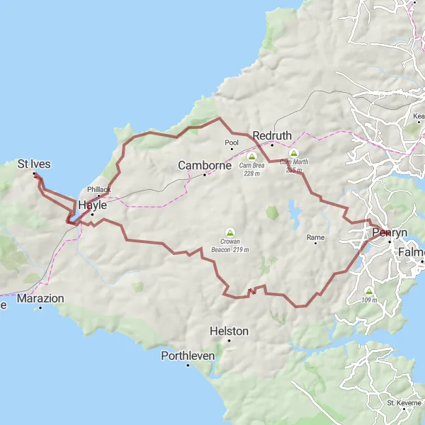 Map miniature of "Crowan and St. Ives Gravel Loop" cycling inspiration in Cornwall and Isles of Scilly, United Kingdom. Generated by Tarmacs.app cycling route planner