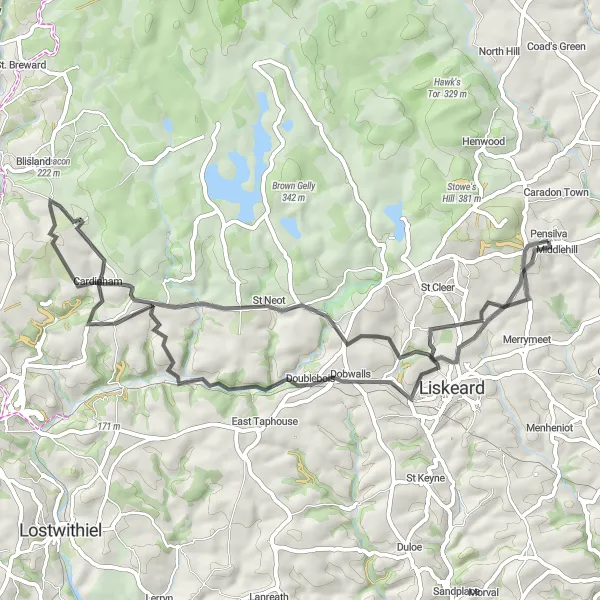 Map miniature of "The Bodmin Circuit" cycling inspiration in Cornwall and Isles of Scilly, United Kingdom. Generated by Tarmacs.app cycling route planner