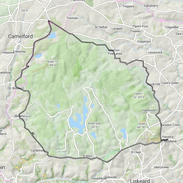 Map miniature of "Cycling through Bodmin Moor" cycling inspiration in Cornwall and Isles of Scilly, United Kingdom. Generated by Tarmacs.app cycling route planner