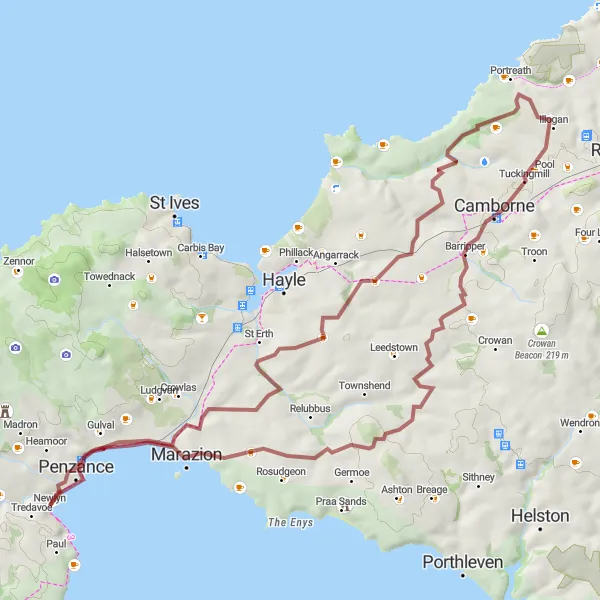 Map miniature of "Penzance Gravel Adventure" cycling inspiration in Cornwall and Isles of Scilly, United Kingdom. Generated by Tarmacs.app cycling route planner