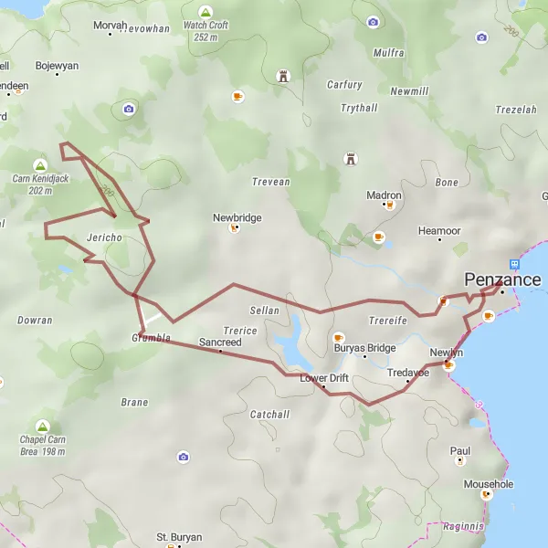 Map miniature of "Tregavarah Gravel Ride" cycling inspiration in Cornwall and Isles of Scilly, United Kingdom. Generated by Tarmacs.app cycling route planner