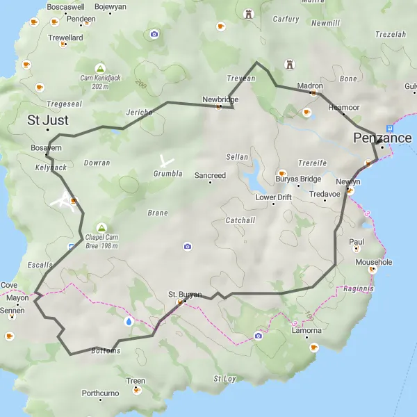Map miniature of "The Coastal Ride" cycling inspiration in Cornwall and Isles of Scilly, United Kingdom. Generated by Tarmacs.app cycling route planner