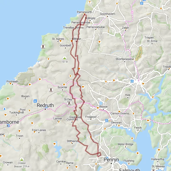 Map miniature of "Perranporth Round-Trip Gravel Adventure: Perrancoombe Loop" cycling inspiration in Cornwall and Isles of Scilly, United Kingdom. Generated by Tarmacs.app cycling route planner