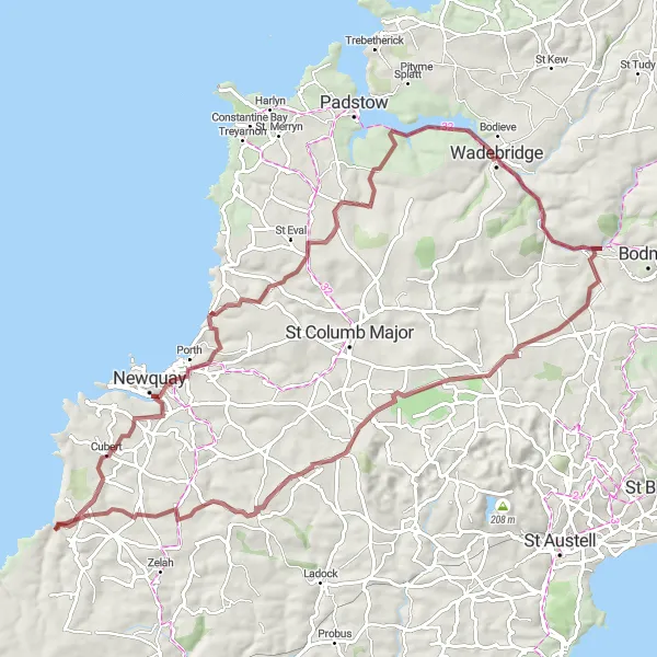 Map miniature of "The Coastal Gravel Adventure" cycling inspiration in Cornwall and Isles of Scilly, United Kingdom. Generated by Tarmacs.app cycling route planner