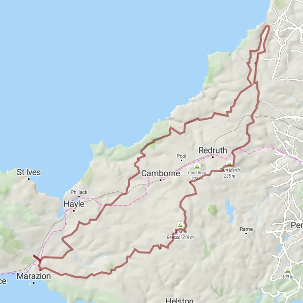 Map miniature of "The Scenic Gravel Escape" cycling inspiration in Cornwall and Isles of Scilly, United Kingdom. Generated by Tarmacs.app cycling route planner