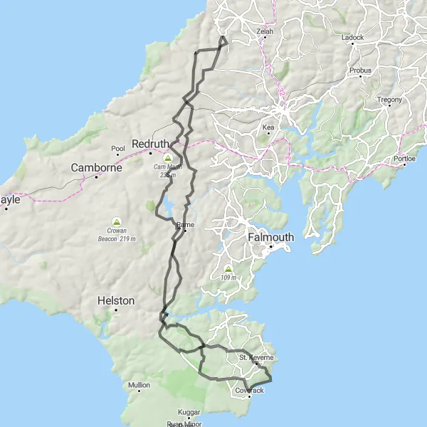 Map miniature of "The Challenging Road Escape" cycling inspiration in Cornwall and Isles of Scilly, United Kingdom. Generated by Tarmacs.app cycling route planner