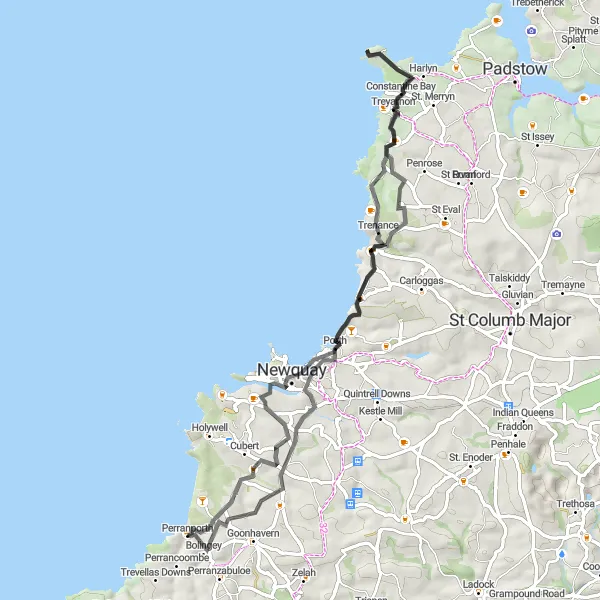 Map miniature of "Perranporth 70-km Road Cycling Adventure: Newquay to Rose Loop" cycling inspiration in Cornwall and Isles of Scilly, United Kingdom. Generated by Tarmacs.app cycling route planner