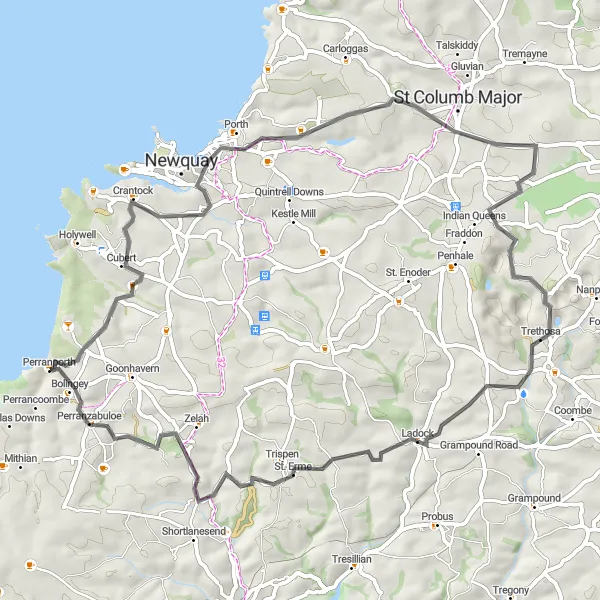 Map miniature of "Perranporth 66-km Road Cycling Adventure: Crantock to Ladock Loop" cycling inspiration in Cornwall and Isles of Scilly, United Kingdom. Generated by Tarmacs.app cycling route planner