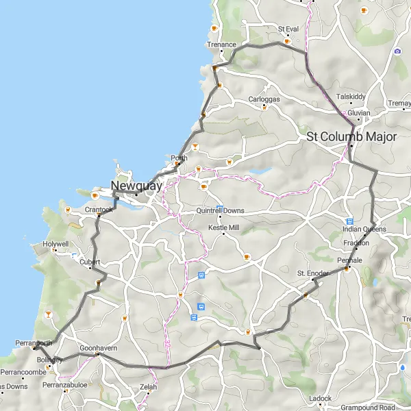 Map miniature of "Perranporth 58-km Road Cycling Adventure: Crantock to Goonhavern Loop" cycling inspiration in Cornwall and Isles of Scilly, United Kingdom. Generated by Tarmacs.app cycling route planner