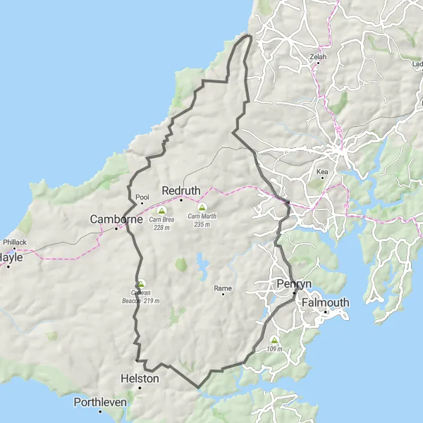 Map miniature of "The Coastal Road Adventure" cycling inspiration in Cornwall and Isles of Scilly, United Kingdom. Generated by Tarmacs.app cycling route planner