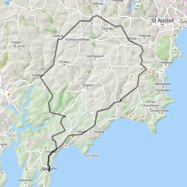 Map miniature of "Portscatho and Ruan Lanihorne Road Circuit" cycling inspiration in Cornwall and Isles of Scilly, United Kingdom. Generated by Tarmacs.app cycling route planner