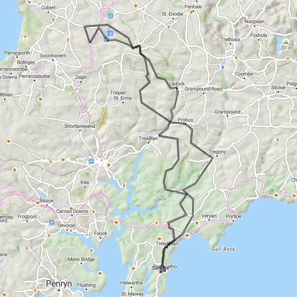 Map miniature of "Portscatho to Rising Sun Road Ride" cycling inspiration in Cornwall and Isles of Scilly, United Kingdom. Generated by Tarmacs.app cycling route planner