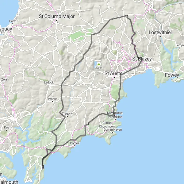 Map miniature of "Gerrans and Mevagissey Loop" cycling inspiration in Cornwall and Isles of Scilly, United Kingdom. Generated by Tarmacs.app cycling route planner
