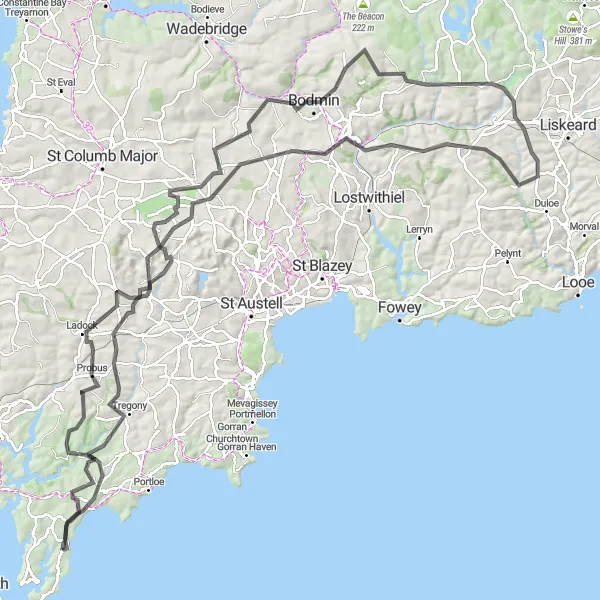 Map miniature of "Tregony and Portscatho Loop" cycling inspiration in Cornwall and Isles of Scilly, United Kingdom. Generated by Tarmacs.app cycling route planner