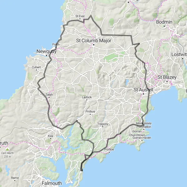 Map miniature of "Goonhavern and St. Eval Loop" cycling inspiration in Cornwall and Isles of Scilly, United Kingdom. Generated by Tarmacs.app cycling route planner