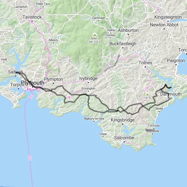 Map miniature of "South Hams Circuit" cycling inspiration in Cornwall and Isles of Scilly, United Kingdom. Generated by Tarmacs.app cycling route planner