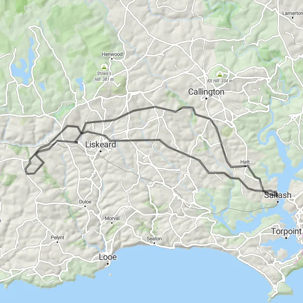 Map miniature of "Saltash Loop" cycling inspiration in Cornwall and Isles of Scilly, United Kingdom. Generated by Tarmacs.app cycling route planner