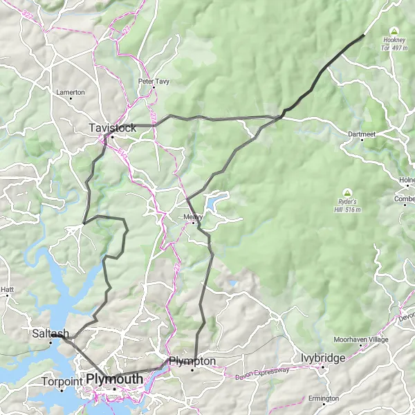 Map miniature of "Cycling Through Dartmoor's Wilderness" cycling inspiration in Cornwall and Isles of Scilly, United Kingdom. Generated by Tarmacs.app cycling route planner