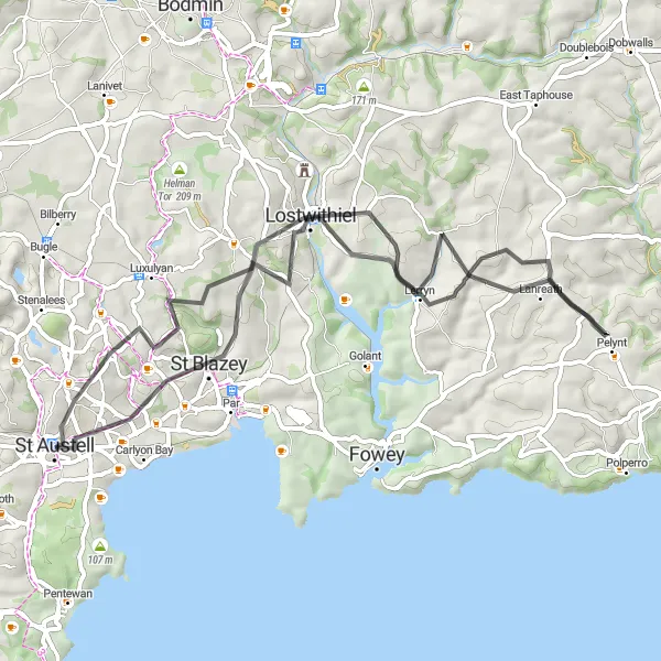 Map miniature of "Lanlivery and Pelynt Loop" cycling inspiration in Cornwall and Isles of Scilly, United Kingdom. Generated by Tarmacs.app cycling route planner