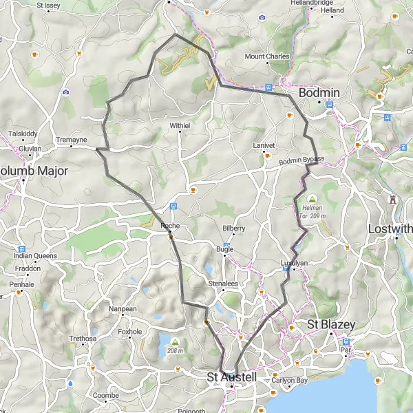 Map miniature of "Belowda and Ruthernbridge Circuit" cycling inspiration in Cornwall and Isles of Scilly, United Kingdom. Generated by Tarmacs.app cycling route planner