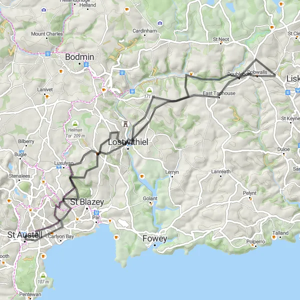 Map miniature of "Lostwithiel Loop: Exploring Historic Gems" cycling inspiration in Cornwall and Isles of Scilly, United Kingdom. Generated by Tarmacs.app cycling route planner