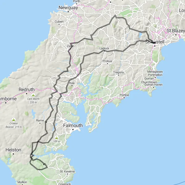 Map miniature of "The Grand Cornwall Tour" cycling inspiration in Cornwall and Isles of Scilly, United Kingdom. Generated by Tarmacs.app cycling route planner