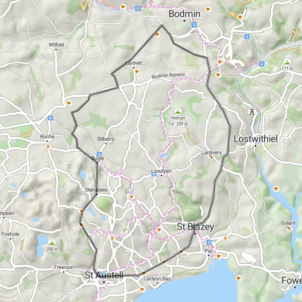 Map miniature of "Cornish Countryside Loop" cycling inspiration in Cornwall and Isles of Scilly, United Kingdom. Generated by Tarmacs.app cycling route planner