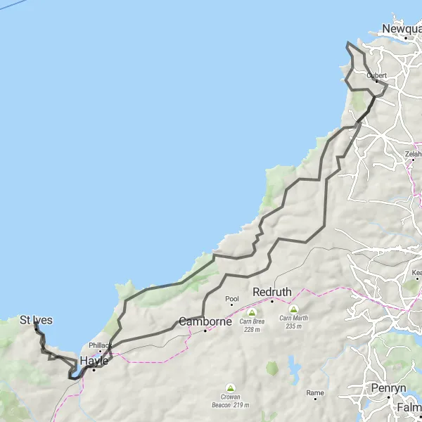 Map miniature of "Atlantic Coast Adventure" cycling inspiration in Cornwall and Isles of Scilly, United Kingdom. Generated by Tarmacs.app cycling route planner