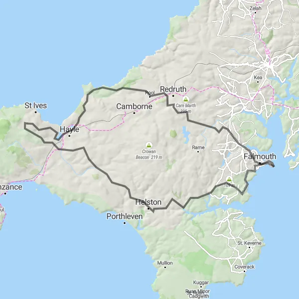 Map miniature of "Road Route: Coastal and Countryside Delights" cycling inspiration in Cornwall and Isles of Scilly, United Kingdom. Generated by Tarmacs.app cycling route planner