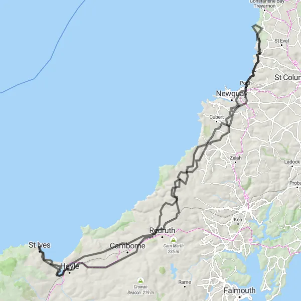 Map miniature of "Road Route: Coastal Wonders and Historic Charm" cycling inspiration in Cornwall and Isles of Scilly, United Kingdom. Generated by Tarmacs.app cycling route planner