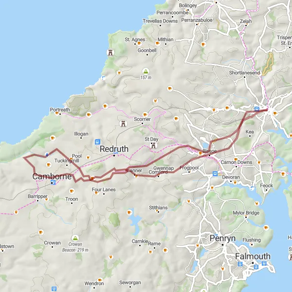 Map miniature of "Gravel Adventure: Truro to Kenwyn" cycling inspiration in Cornwall and Isles of Scilly, United Kingdom. Generated by Tarmacs.app cycling route planner