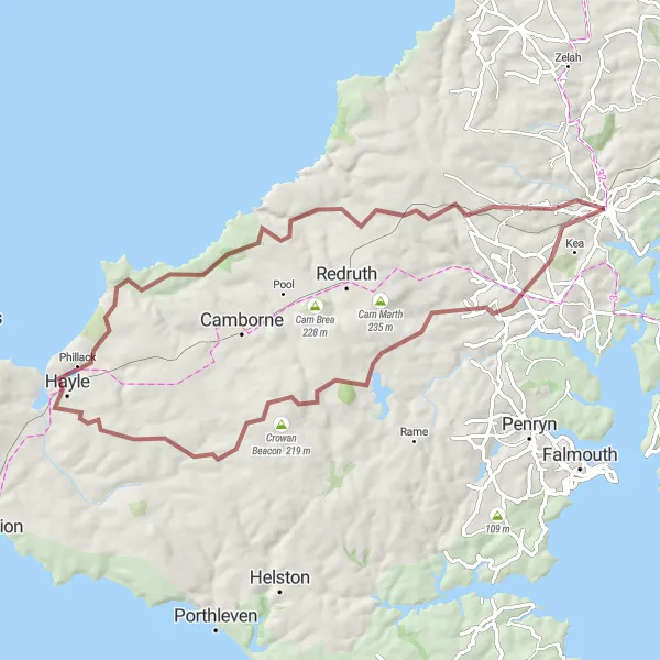 Map miniature of "Truro to Kenwyn Gravel Route" cycling inspiration in Cornwall and Isles of Scilly, United Kingdom. Generated by Tarmacs.app cycling route planner