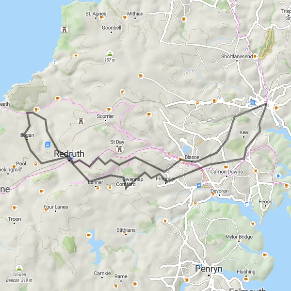 Map miniature of "Carn Brea Circuit" cycling inspiration in Cornwall and Isles of Scilly, United Kingdom. Generated by Tarmacs.app cycling route planner