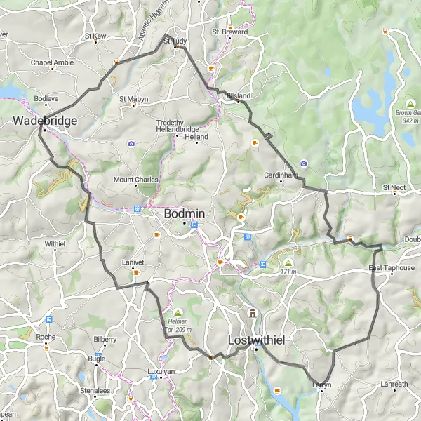 Map miniature of "Keybridge and Ruthernbridge Road Loop" cycling inspiration in Cornwall and Isles of Scilly, United Kingdom. Generated by Tarmacs.app cycling route planner