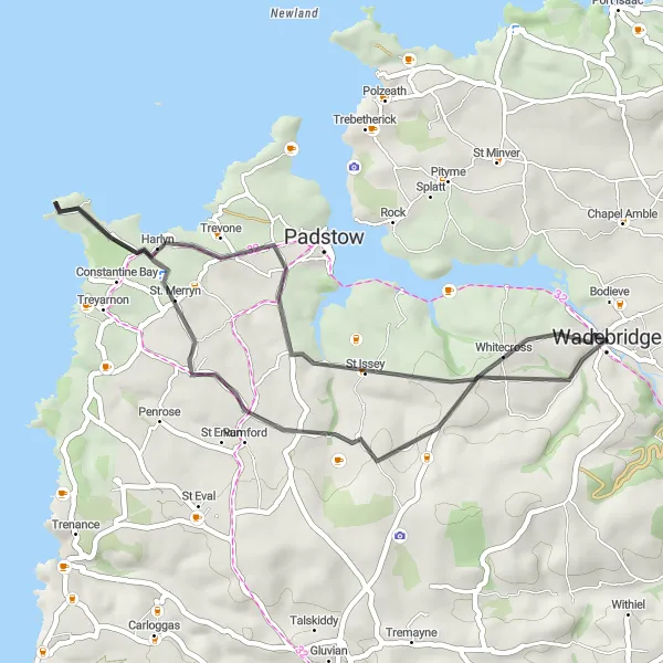 Map miniature of "Coastal Delights" cycling inspiration in Cornwall and Isles of Scilly, United Kingdom. Generated by Tarmacs.app cycling route planner