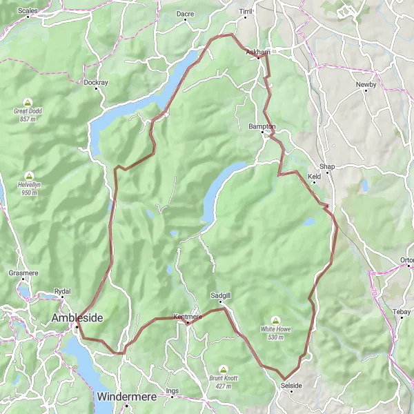 Map miniature of "Gravel Adventure to Ambleside" cycling inspiration in Cumbria, United Kingdom. Generated by Tarmacs.app cycling route planner