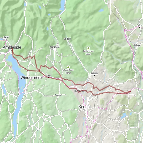 Map miniature of "Gravel Adventures in the Lake District" cycling inspiration in Cumbria, United Kingdom. Generated by Tarmacs.app cycling route planner