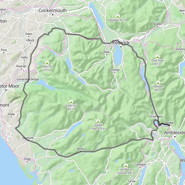 Map miniature of "The Grasmere and Cold Fell Road Challenge" cycling inspiration in Cumbria, United Kingdom. Generated by Tarmacs.app cycling route planner