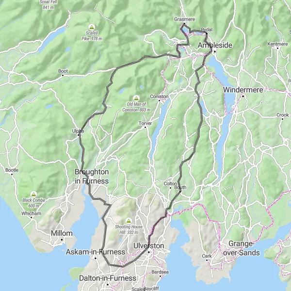 Map miniature of "Challenging Road Journey to Ambleside" cycling inspiration in Cumbria, United Kingdom. Generated by Tarmacs.app cycling route planner