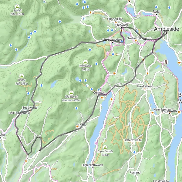 Map miniature of "Scenic Road Cycling in Ambleside's Surroundings" cycling inspiration in Cumbria, United Kingdom. Generated by Tarmacs.app cycling route planner