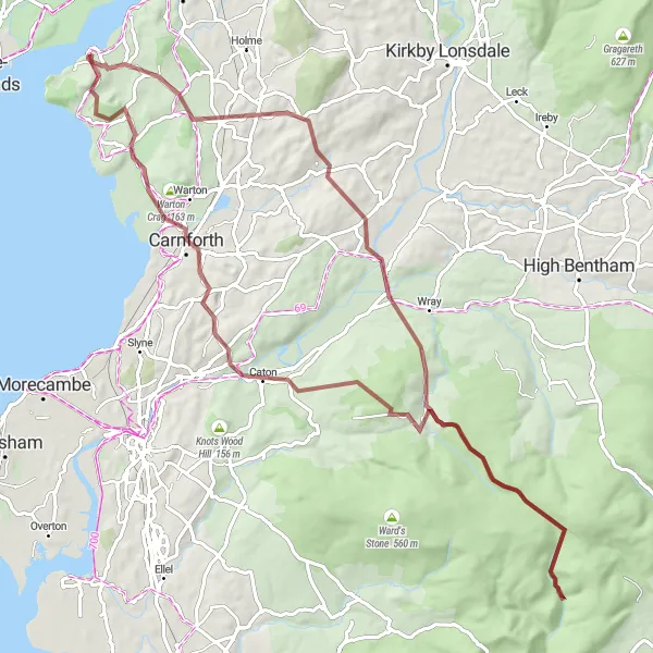 Map miniature of "Thrills of Burton-in-Kendal" cycling inspiration in Cumbria, United Kingdom. Generated by Tarmacs.app cycling route planner