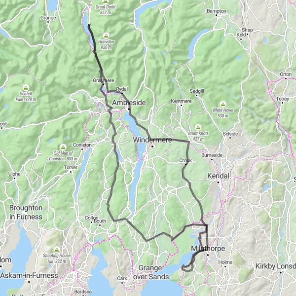 Map miniature of "Countryside Explorations from Arnside to Grasmere" cycling inspiration in Cumbria, United Kingdom. Generated by Tarmacs.app cycling route planner