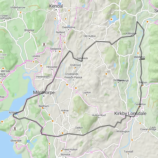 Map miniature of "Scenic Ride through Milnthorpe and Kirkby Lonsdale" cycling inspiration in Cumbria, United Kingdom. Generated by Tarmacs.app cycling route planner