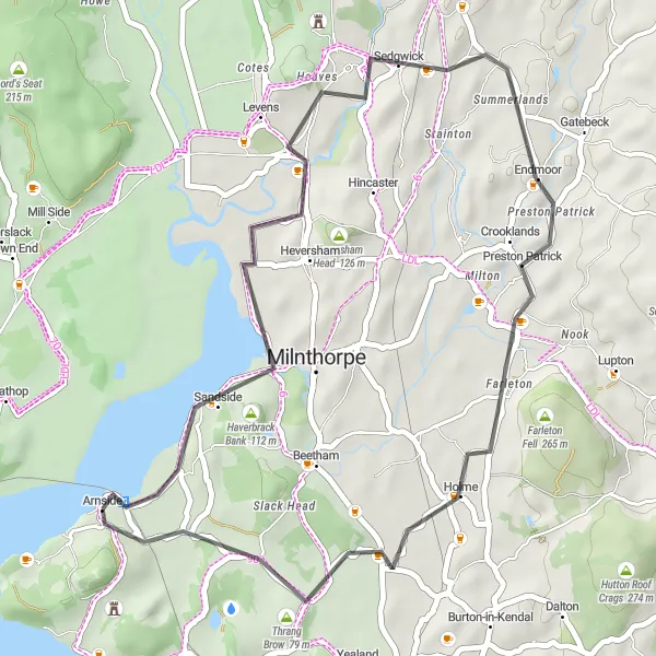 Map miniature of "Haverbrack Bank Road Loop" cycling inspiration in Cumbria, United Kingdom. Generated by Tarmacs.app cycling route planner