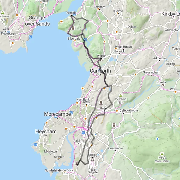 Map miniature of "Lancaster and Warton Crag Loop" cycling inspiration in Cumbria, United Kingdom. Generated by Tarmacs.app cycling route planner