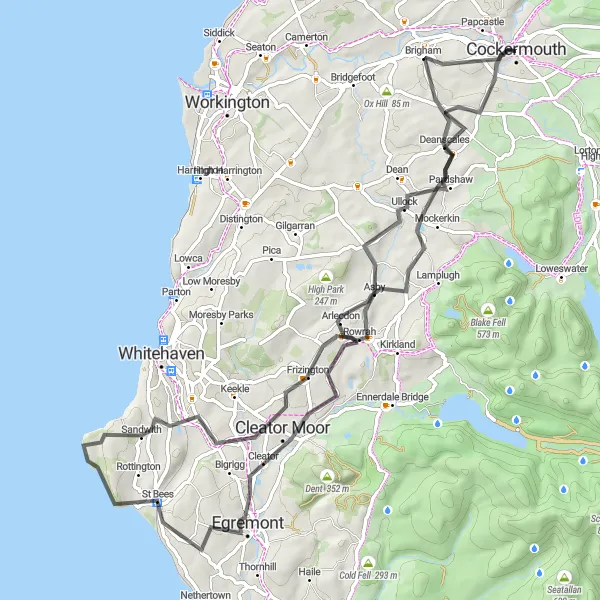 Map miniature of "Coastal Ride - Cockermouth to St Bees" cycling inspiration in Cumbria, United Kingdom. Generated by Tarmacs.app cycling route planner