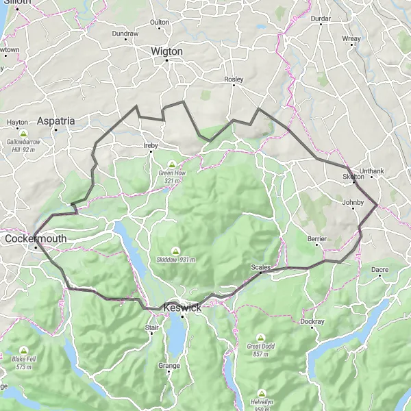 Map miniature of "The Sunderland and Keswick Challenge" cycling inspiration in Cumbria, United Kingdom. Generated by Tarmacs.app cycling route planner