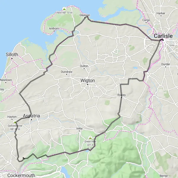 Map miniature of "Lakeside and Coastal Loop" cycling inspiration in Cumbria, United Kingdom. Generated by Tarmacs.app cycling route planner