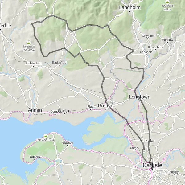 Map miniature of "The Border Ride" cycling inspiration in Cumbria, United Kingdom. Generated by Tarmacs.app cycling route planner